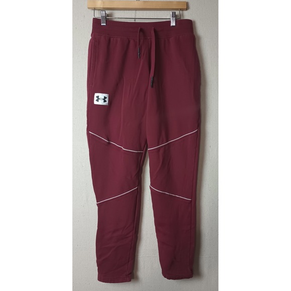Y2K Under Armour Fleece Joggers Baggie Warm Up Pants Maroon White Trim Medium - Picture 1 of 8